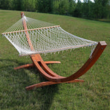 Cotton Double Wide 2-Person Rope Hammock with Spreader Bars and Curved Arc Wood Stand - 400 lb Weight Capacity /13' Stand
