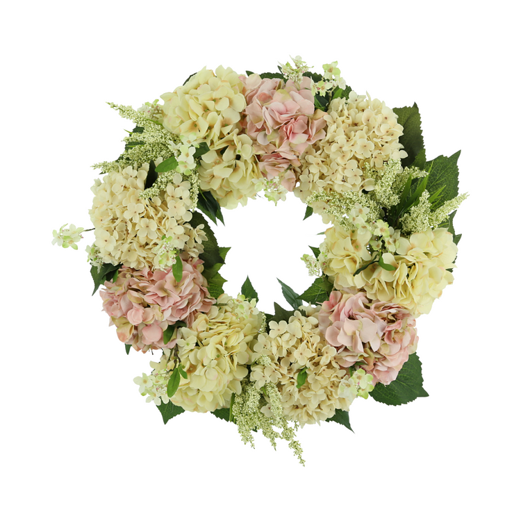 24" Grapevine Wreath with Assorted Hydrangeas and Heather
