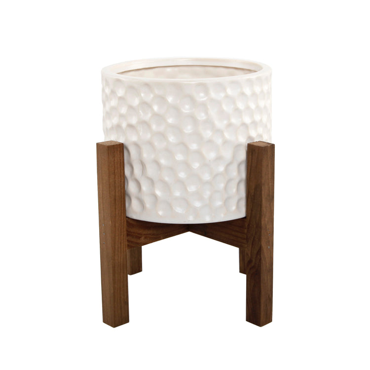 Cream Dimpled Beehive Ceramic Planter On Wood Stand