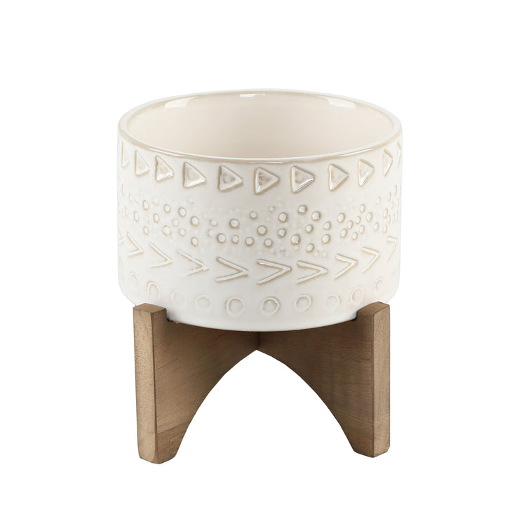 Ivory Cave Drawing Ceramic Planter On Wood Stand