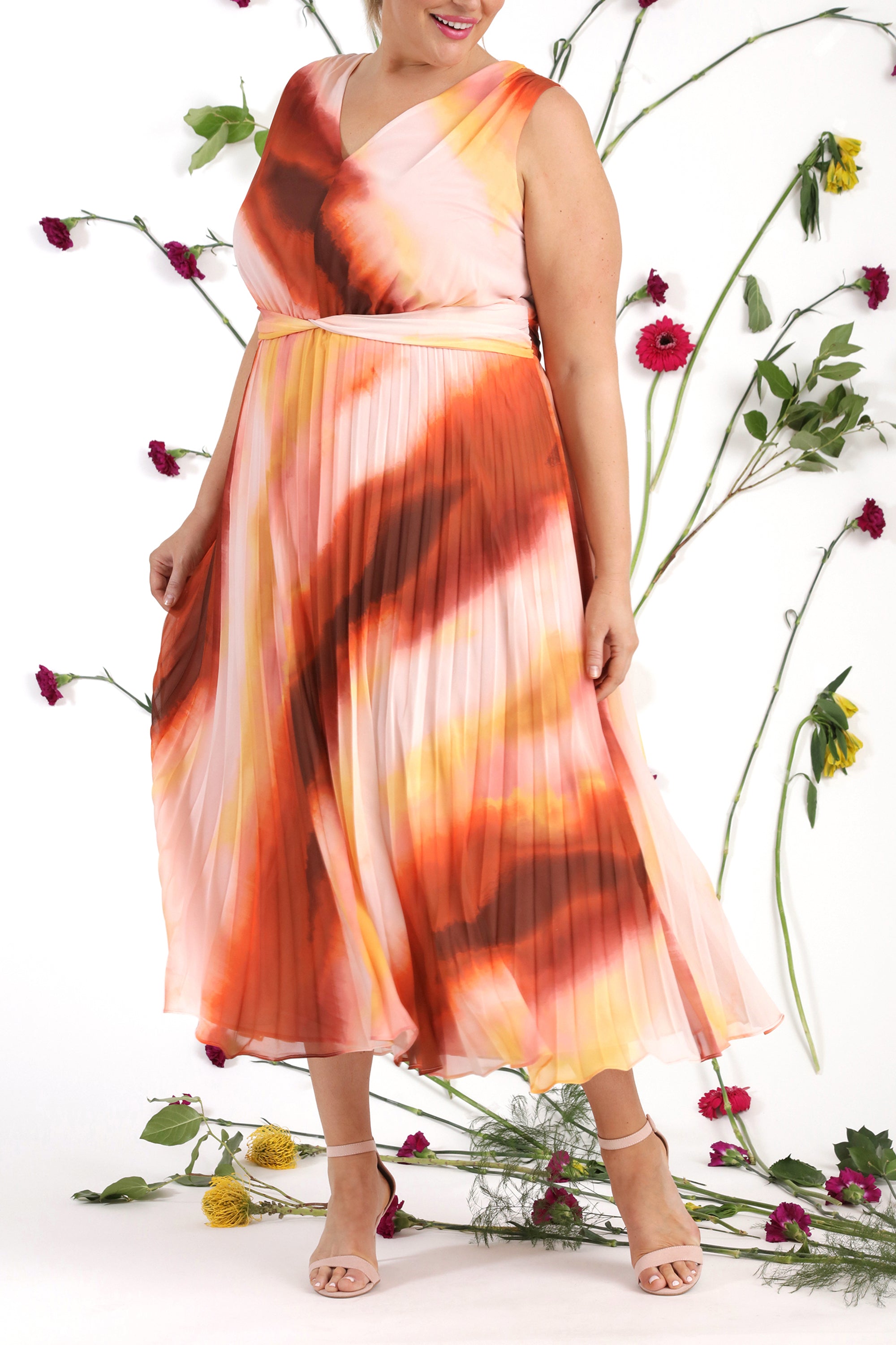  Donna Morgan Pleated Maxi Dress - Plus - Creme Rust - Bonton