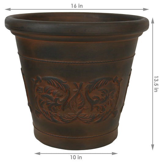 Indoor/Patio, Garden, or Porch Weather-Resistant Double-Walled Arabella Flower Pot Planter - 16" - Rust Finish 1