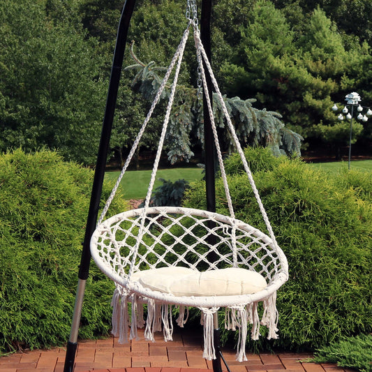 Cotton Rope Hammock Chair Bohemian Macrame Hanging Netted Swing with Seat Cushion, Tassels and Mounting Hardware - White