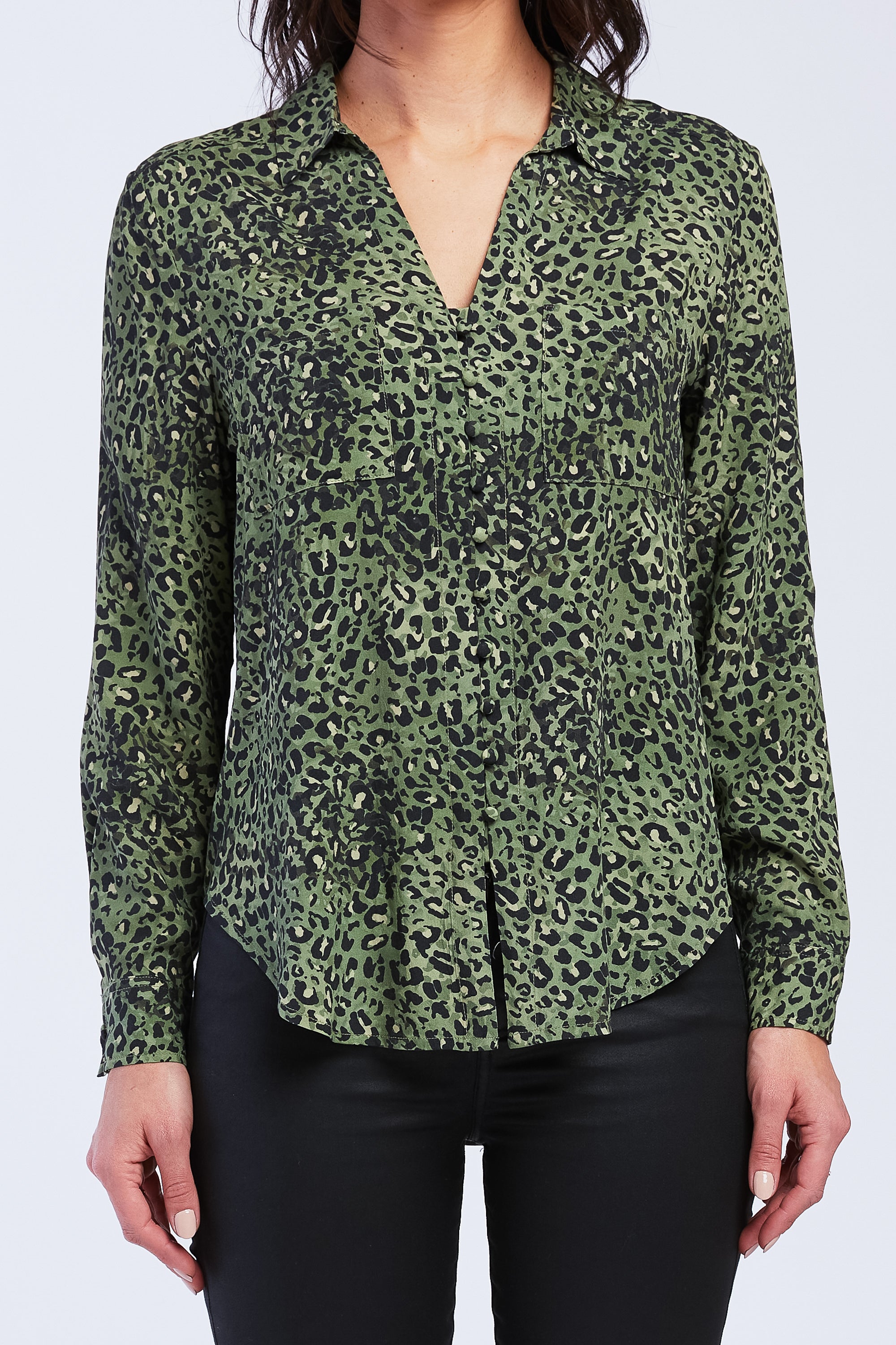  Eleni Long Sleeve Loop Button Down Closure Chest Patch Pockets Rounded Hem - Olive Leopard - Bonton