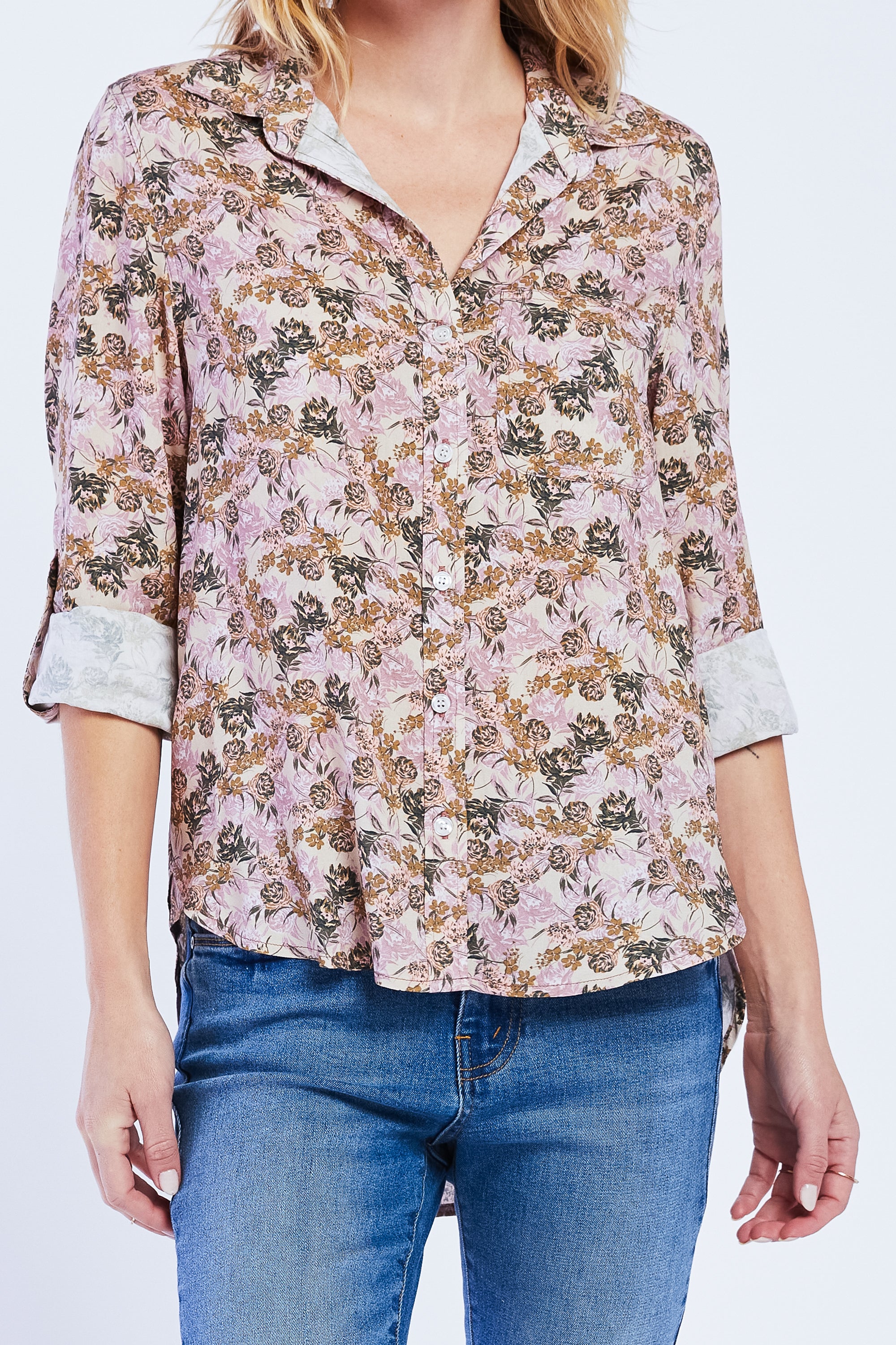  Elisa Rolled Tab Sleeve Button Down Shirt - Blue Floral Bloom - Bonton