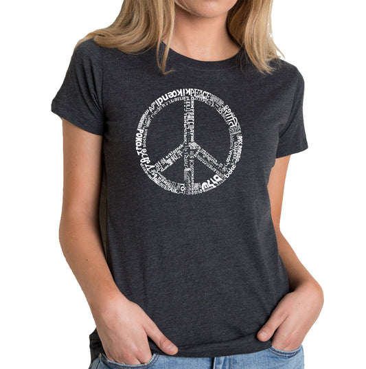 LA Pop Art Women's Premium Blend Word Art T-Shirt - The Word Peace In 77 Languages