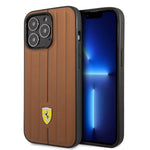 iPhone 14 Pro - Leather Brown Case Embossed Stripes With Yellow Shield Logo - Ferrari2