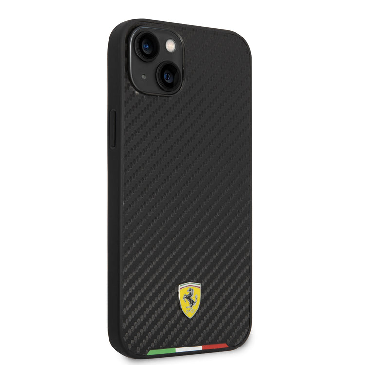 iPhone 14 Plus - PU Leather Black Hard Case Pu Carbon Effect & Italian Flag Line Metal Logo - Ferrari