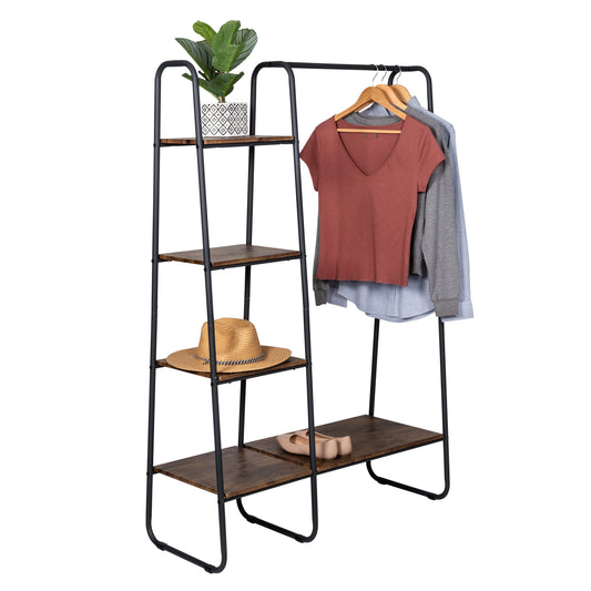 Freestanding Metal Clothing Rack with Wood Shelves