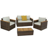 Rattan and Acacia Wood Kenmare Patio Conversation Furniture Set with Loveseat, Chairs, Table, and Seat Cushions - 4 Piece Set