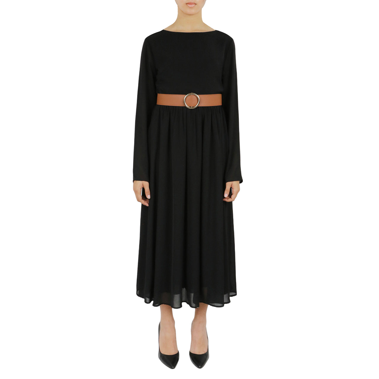  Belted Long Sleeve Dress - Olive - Bonton