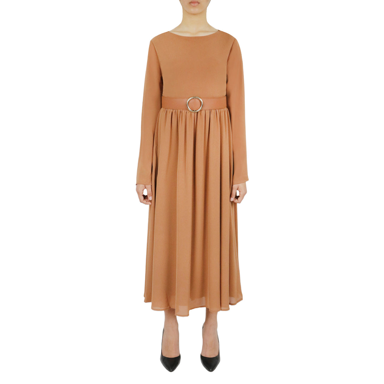  Belted Long Sleeve Dress - Olive - Bonton