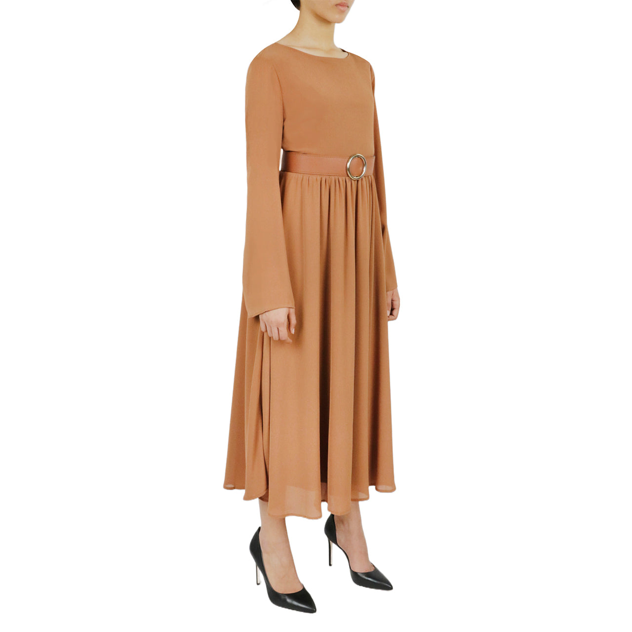  Belted Long Sleeve Dress - Olive - Bonton