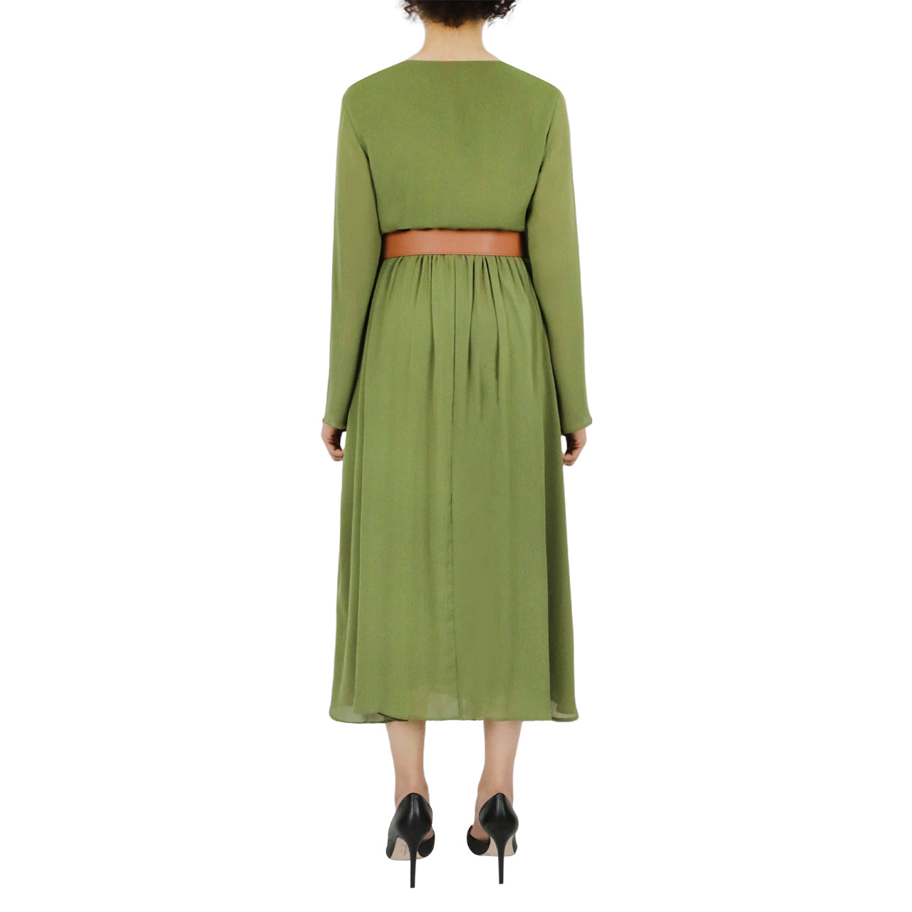  Belted Long Sleeve Dress - Olive - Bonton