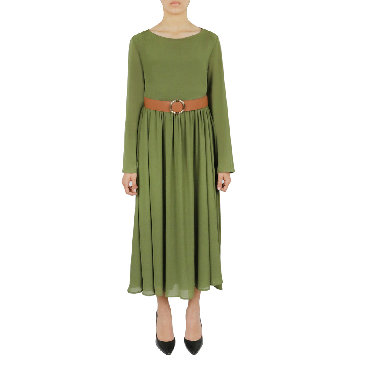  Belted Long Sleeve Dress - Olive - Bonton