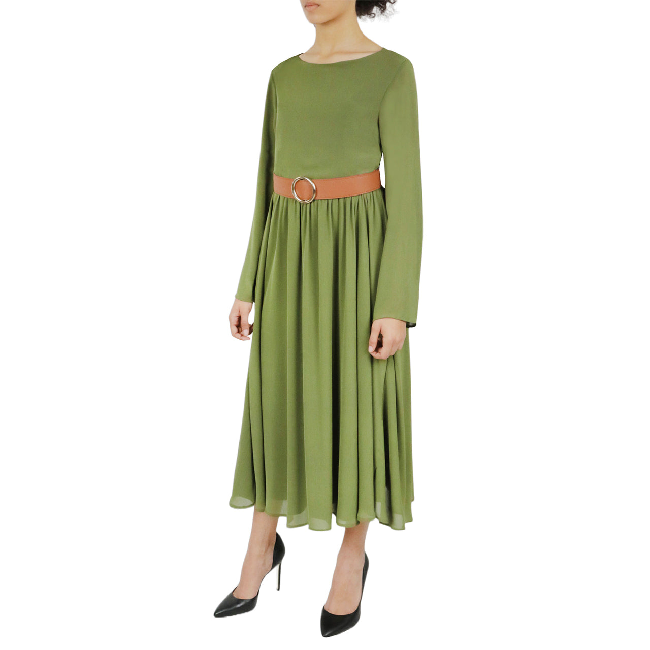  Belted Long Sleeve Dress - Olive - Bonton