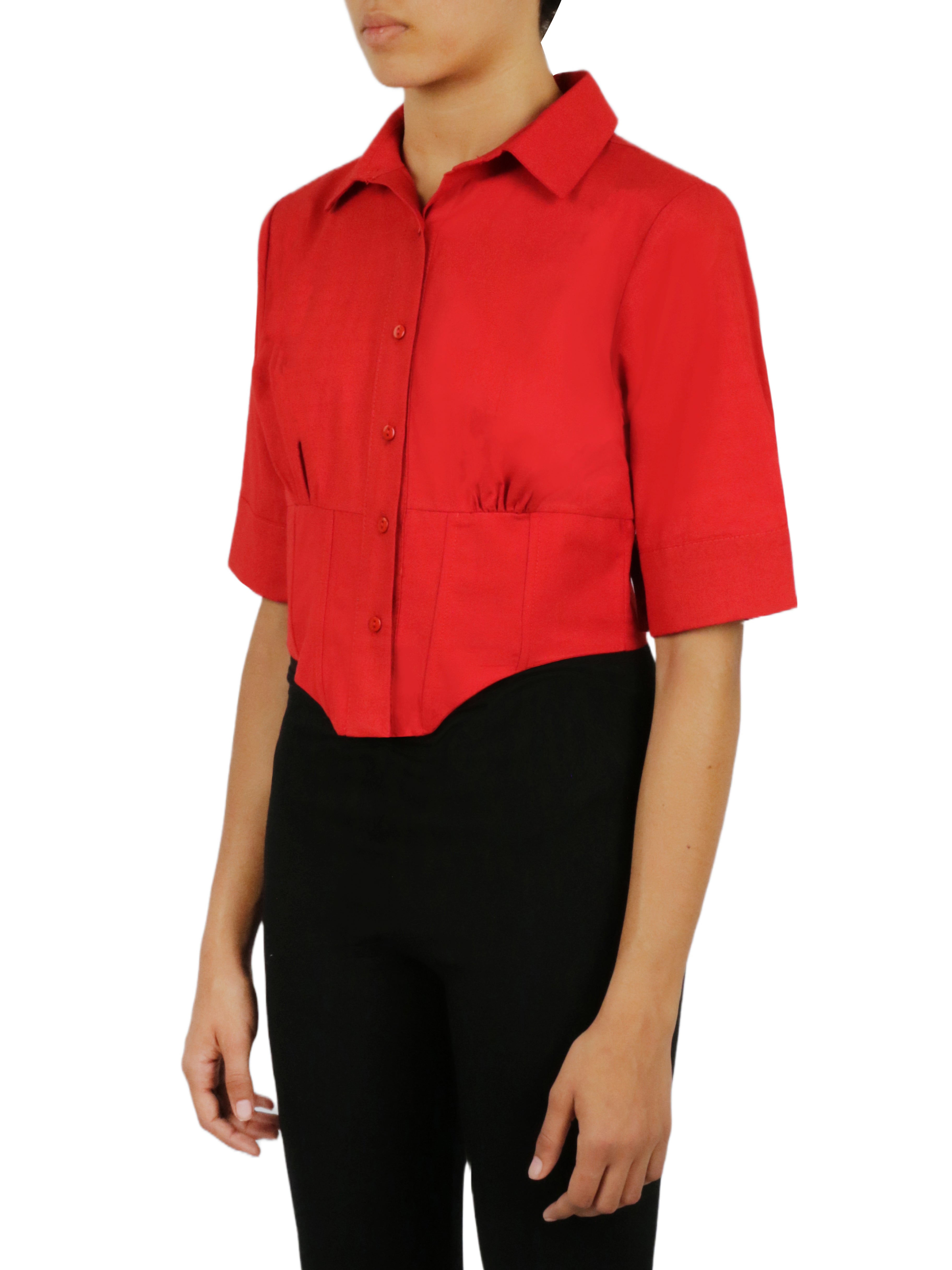  Cropped Corseted Shirt - Red - Bonton