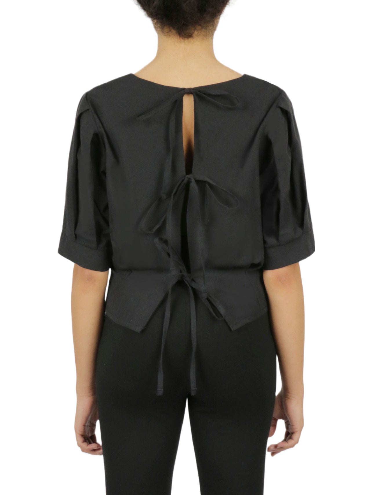  Cropped Tie Back Blouse - Black - Bonton