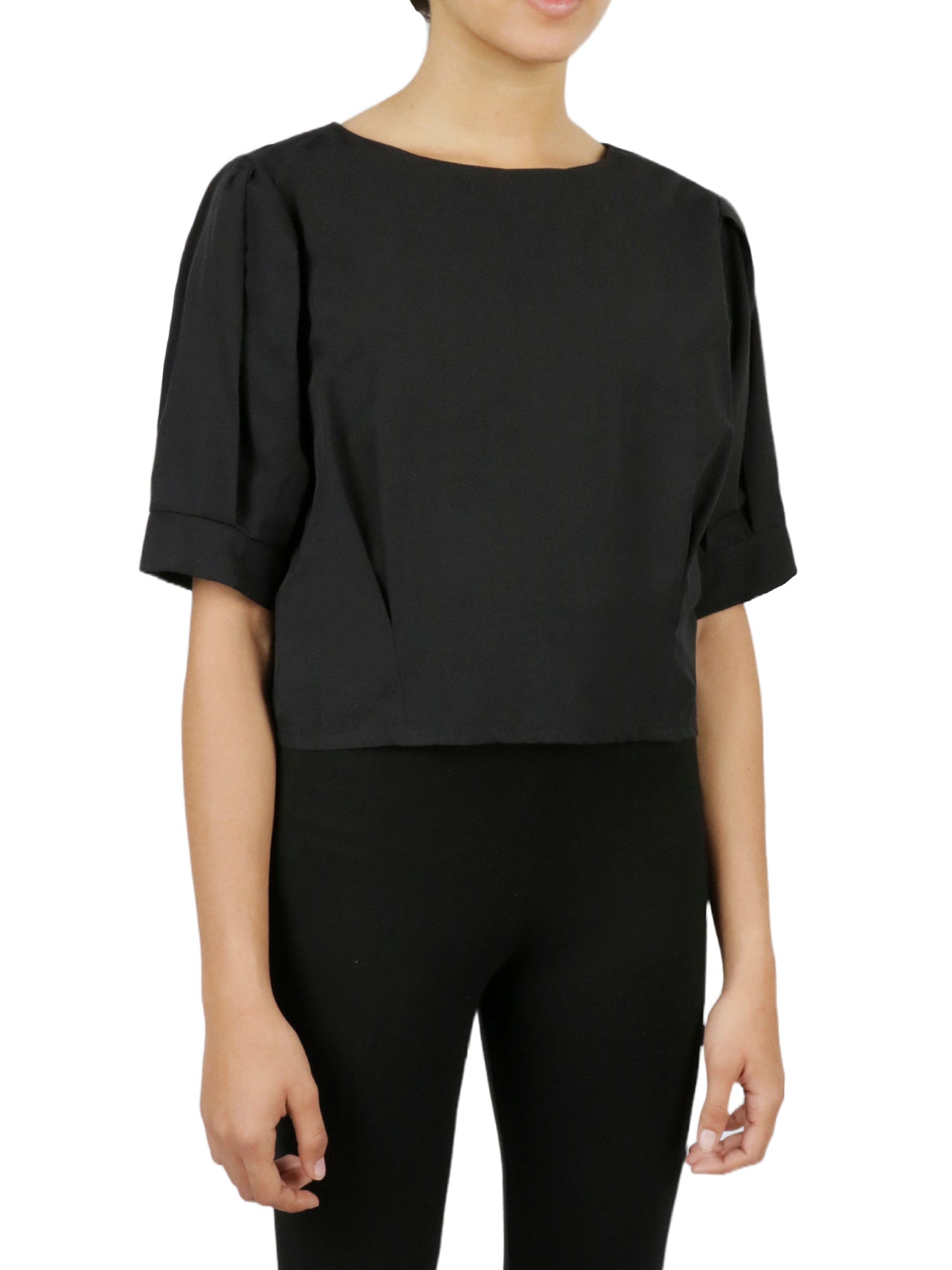  Cropped Tie Back Blouse - Black - Bonton