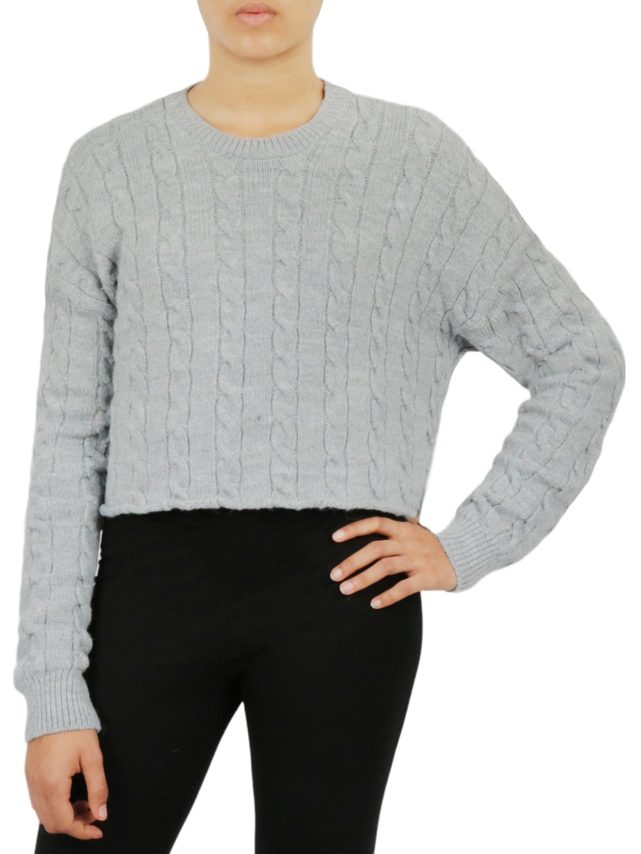  Cable Knit Cropped Pullover Sweater - Black - Bonton