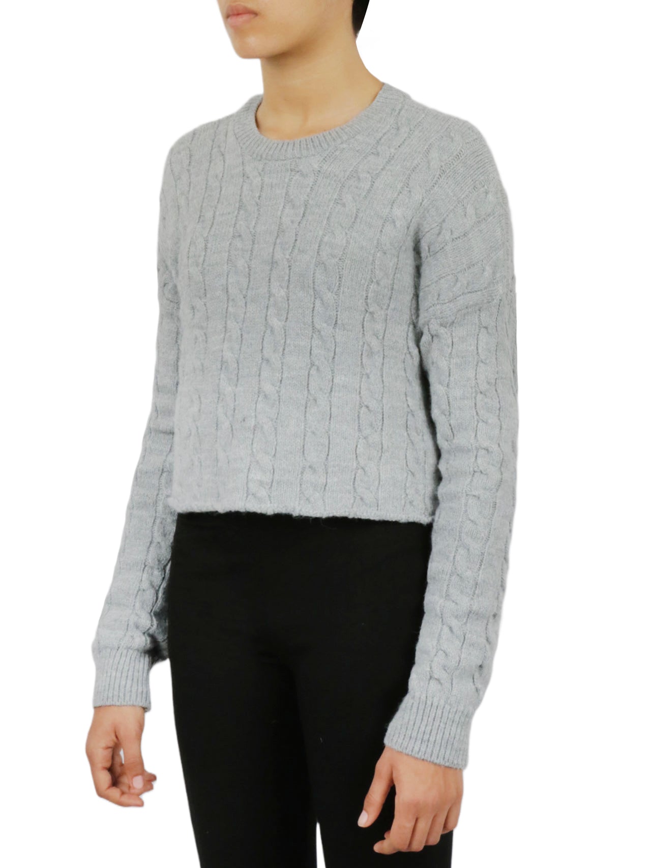  Cable Knit Cropped Pullover Sweater - Black - Bonton