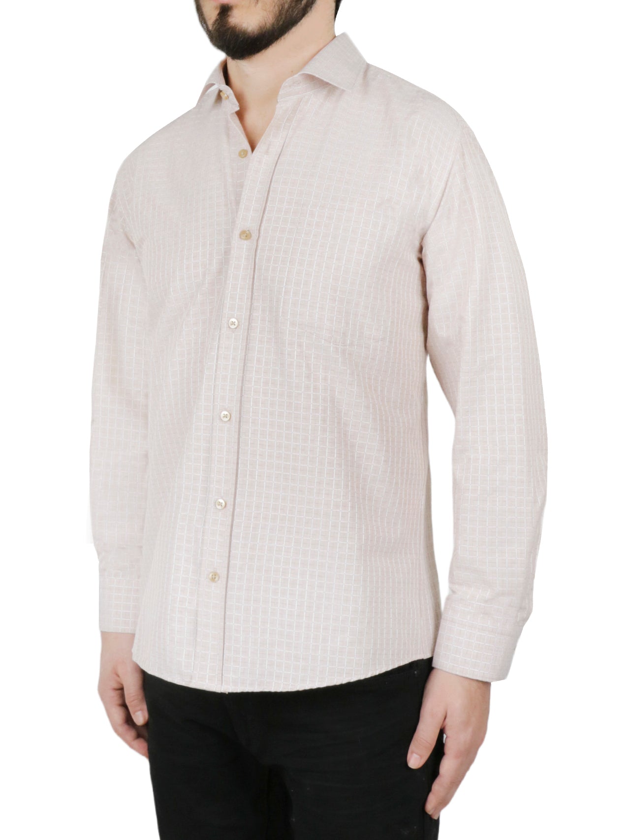  Cream Windowpane Checkered Dress Shirt - Beige - Bonton