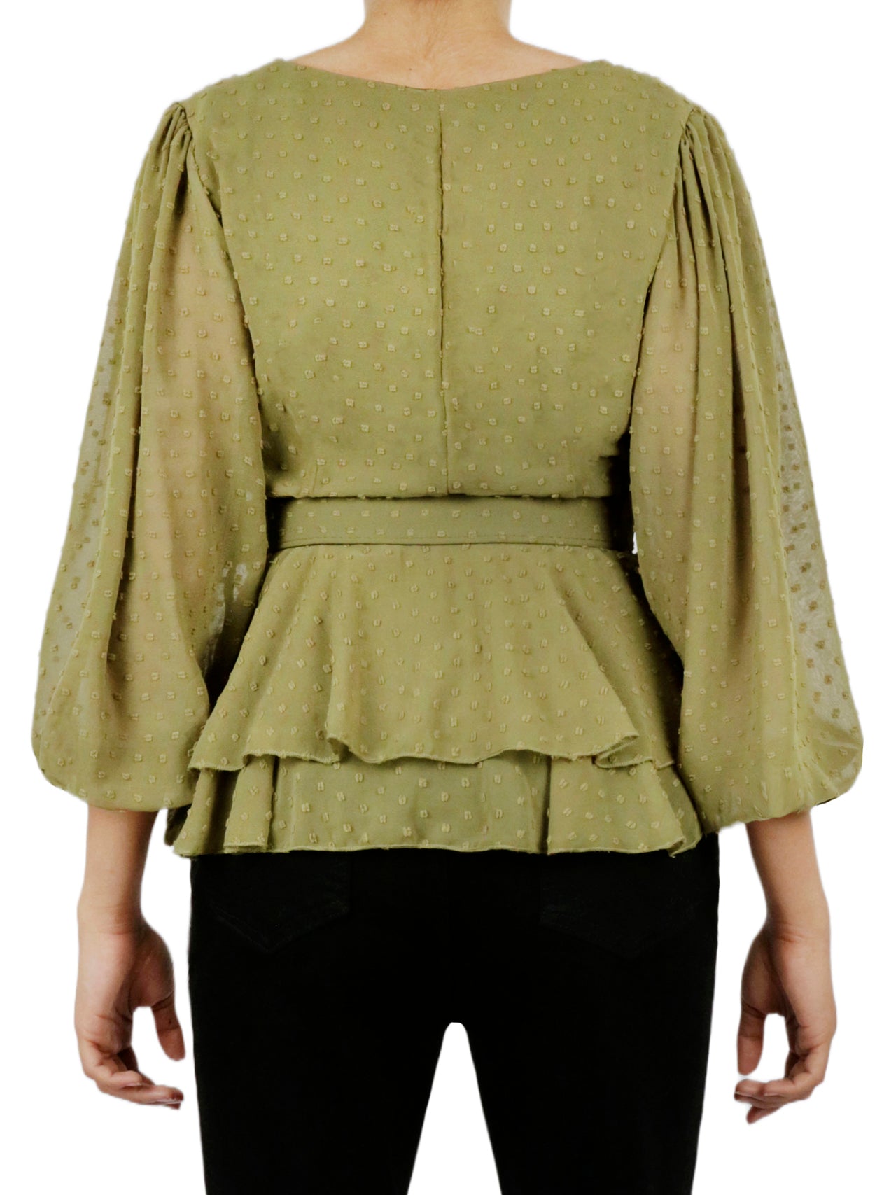  Belted Peplum Flounce Shirt - Khaki - Bonton