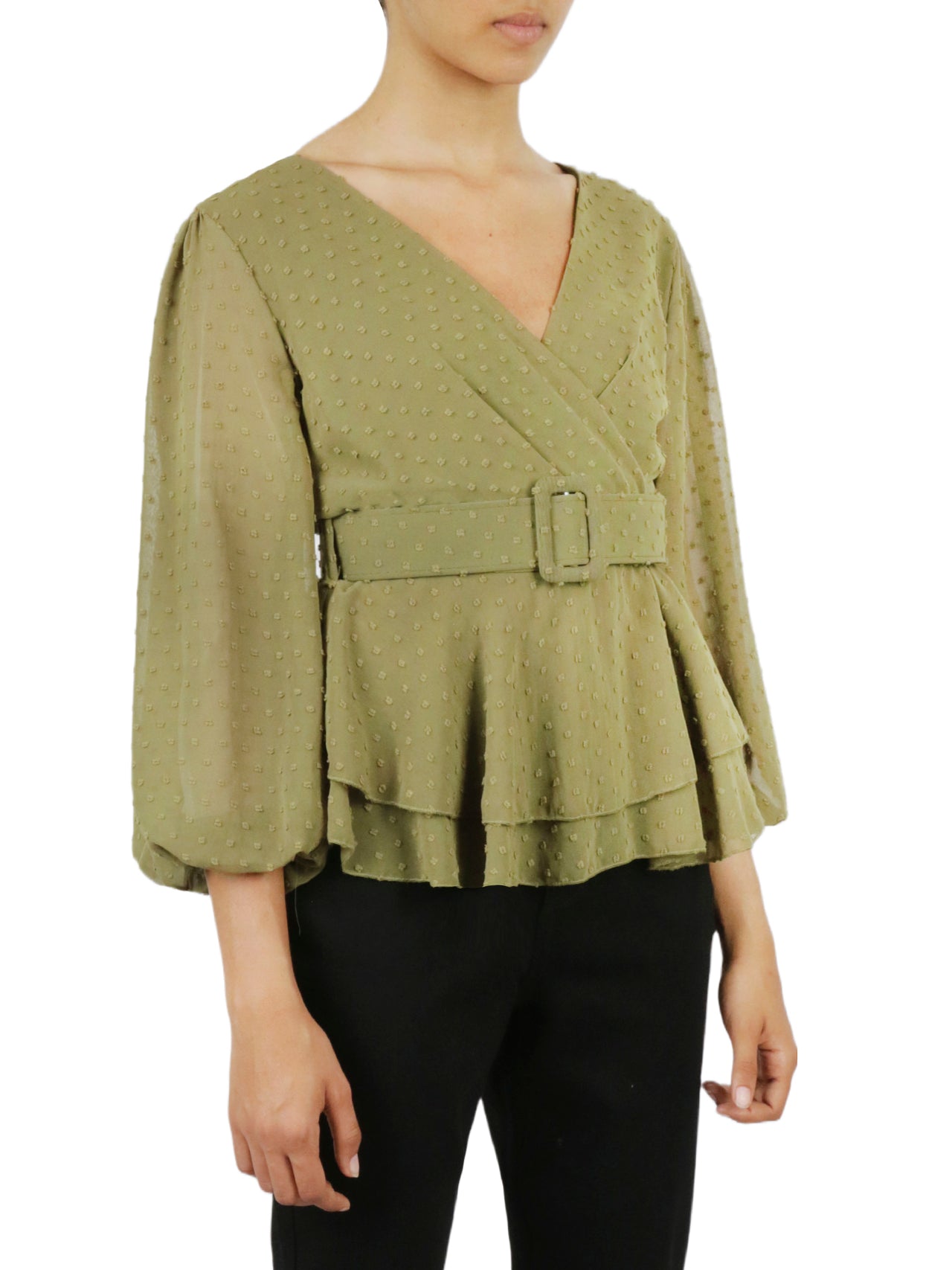  Belted Peplum Flounce Shirt - Khaki - Bonton