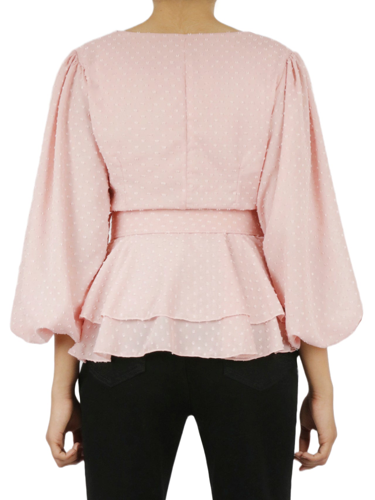  Belted Peplum Flounce Shirt - Powder Pink - Bonton