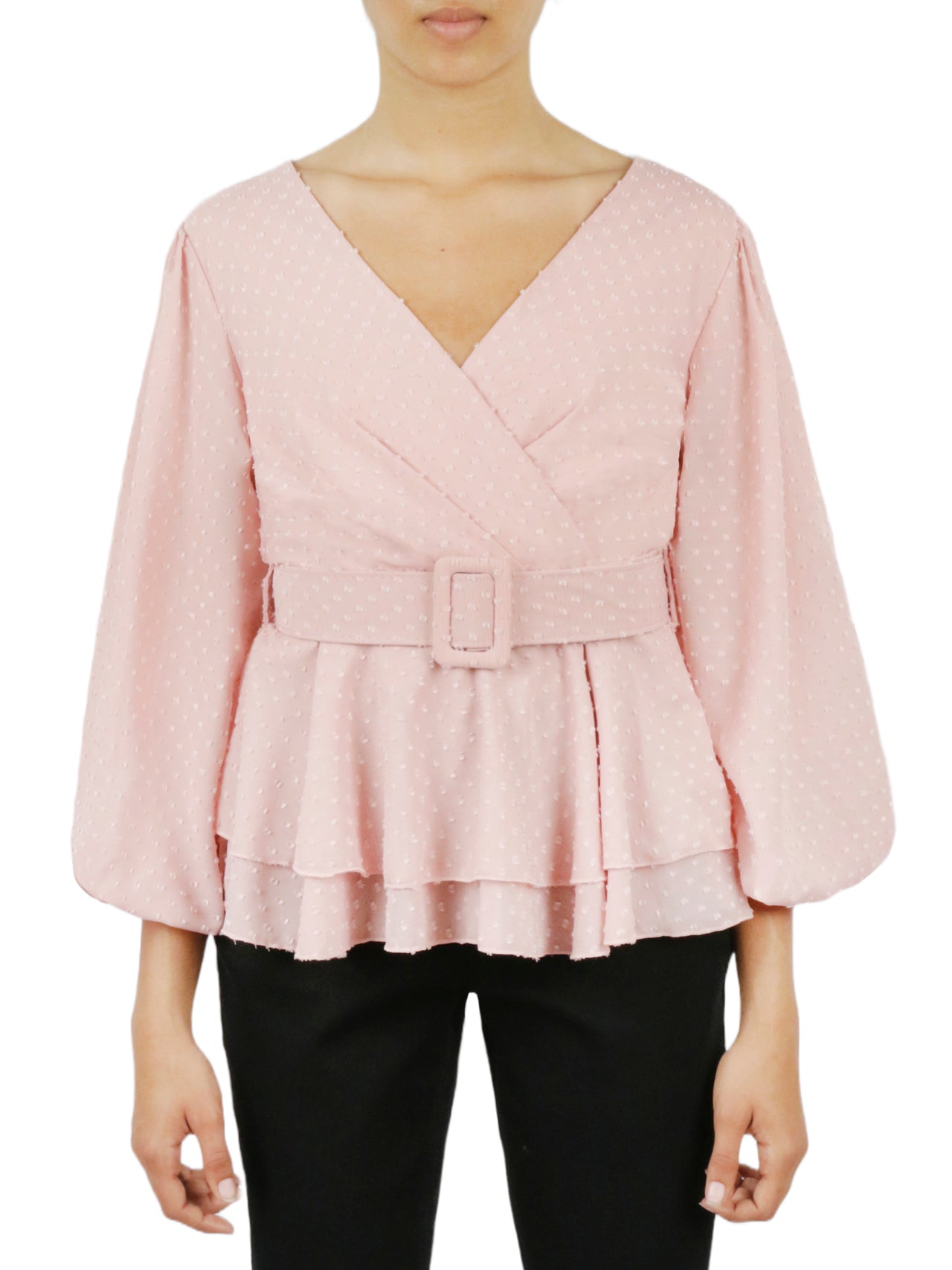  Belted Peplum Flounce Shirt - Powder Pink - Bonton