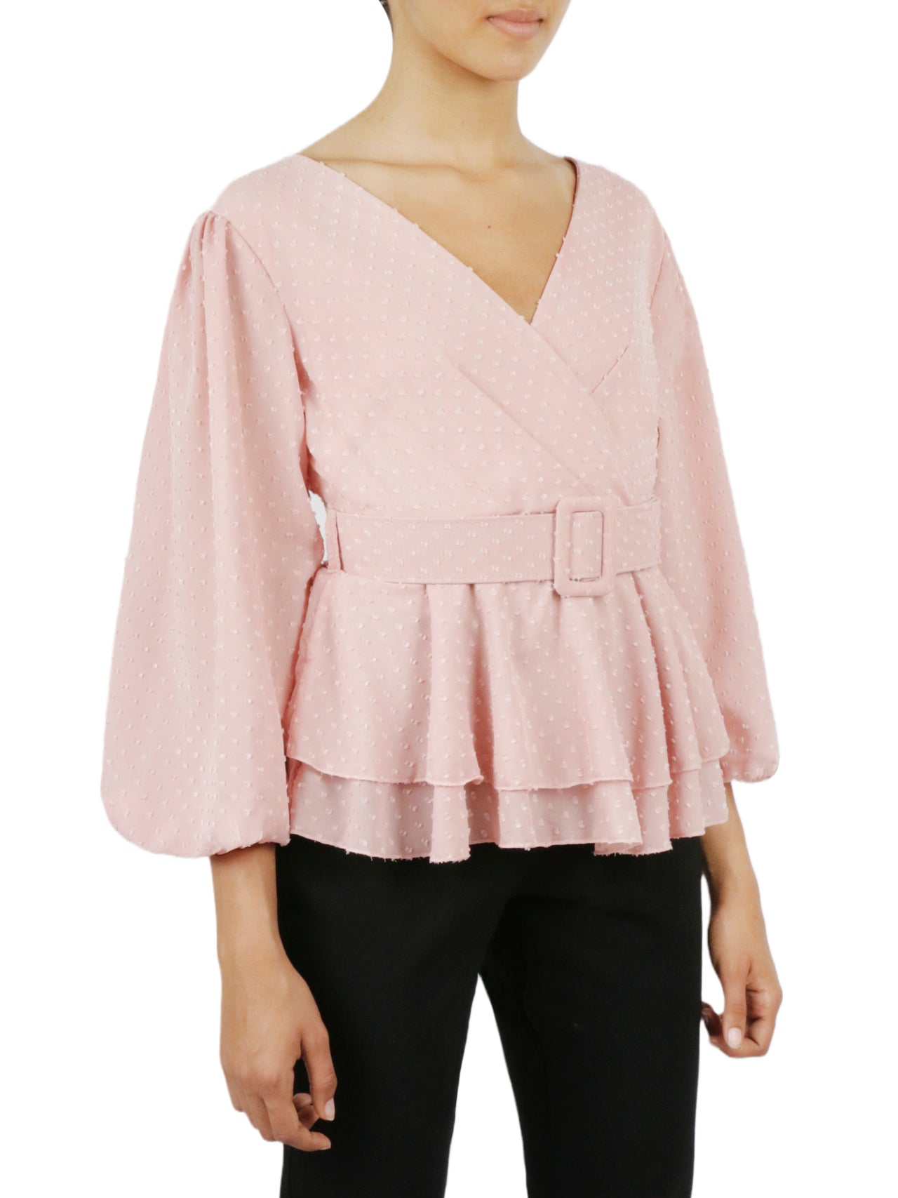  Belted Peplum Flounce Shirt - Powder Pink - Bonton