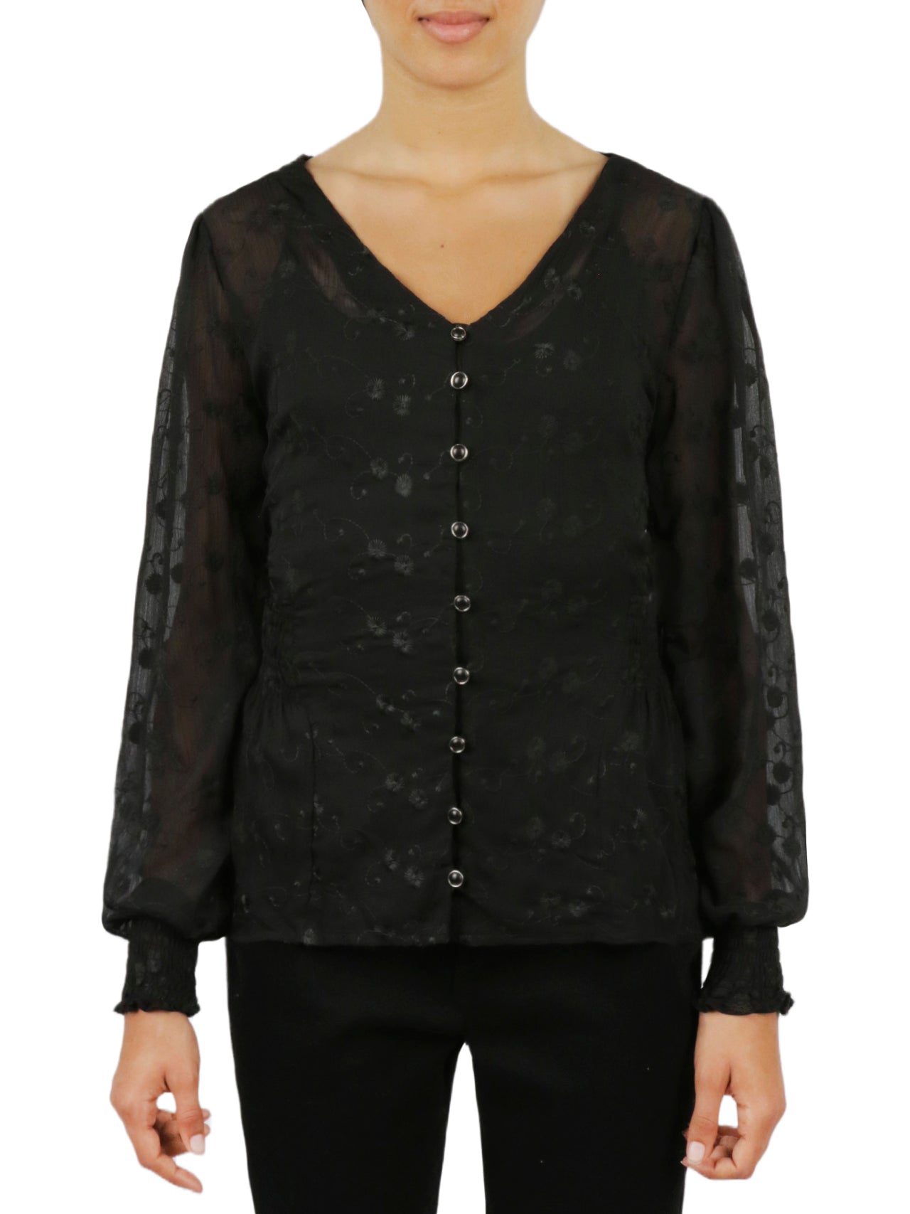  Floral Button Front Top - Black - Bonton