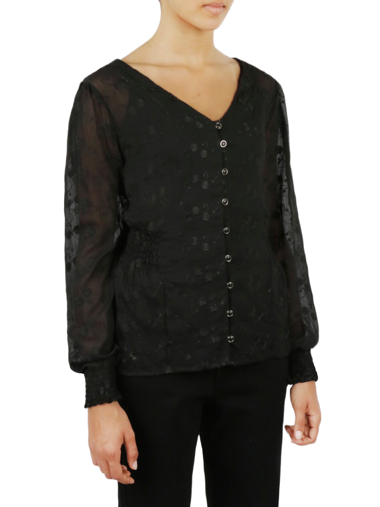  Floral Button Front Top - Black - Bonton