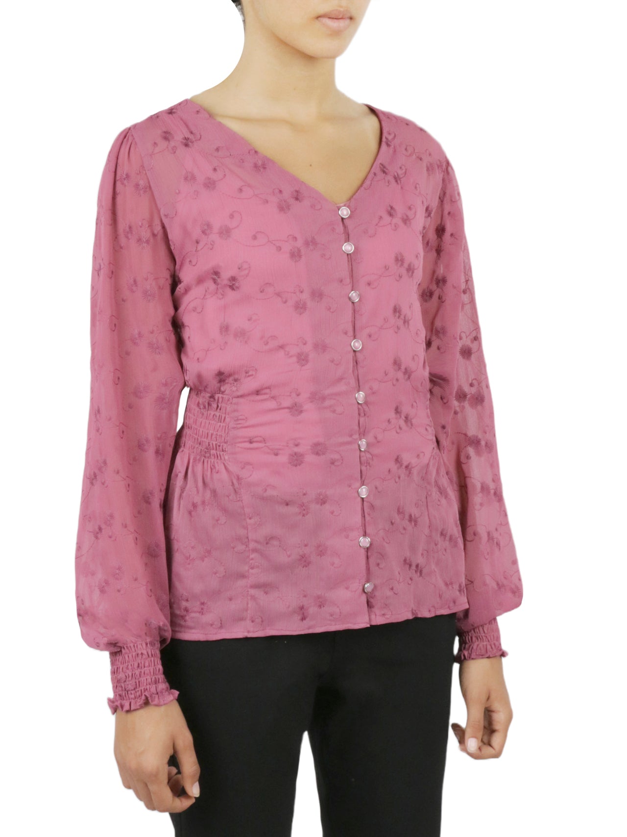  Floral Button Front Top - Rose - Bonton