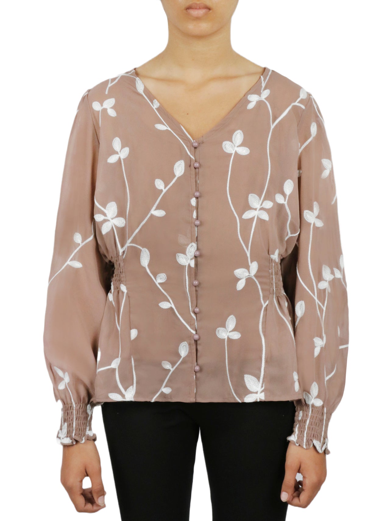  Floral V Button Down - Mink - Bonton