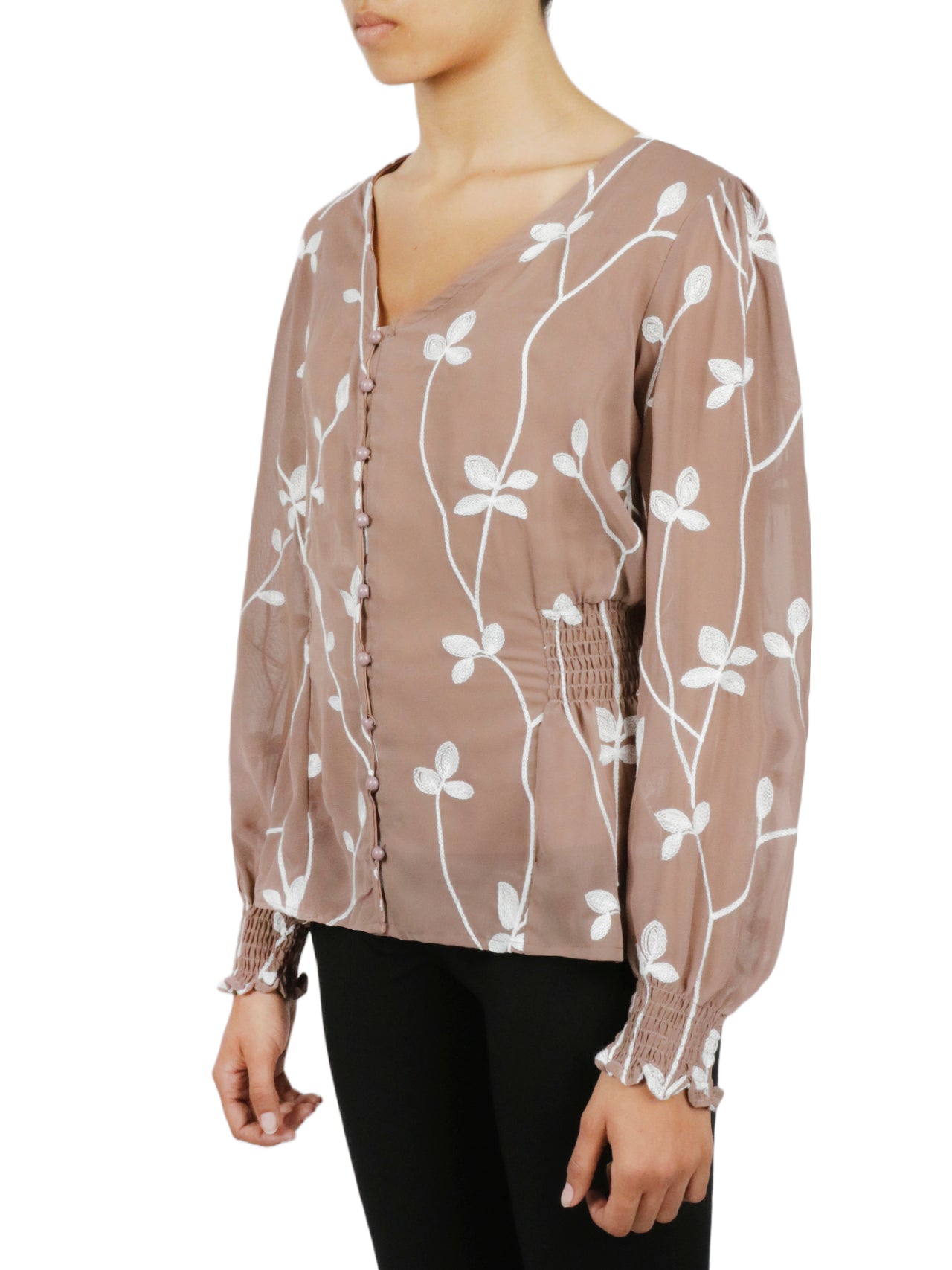  Floral V Button Down - Mink - Bonton