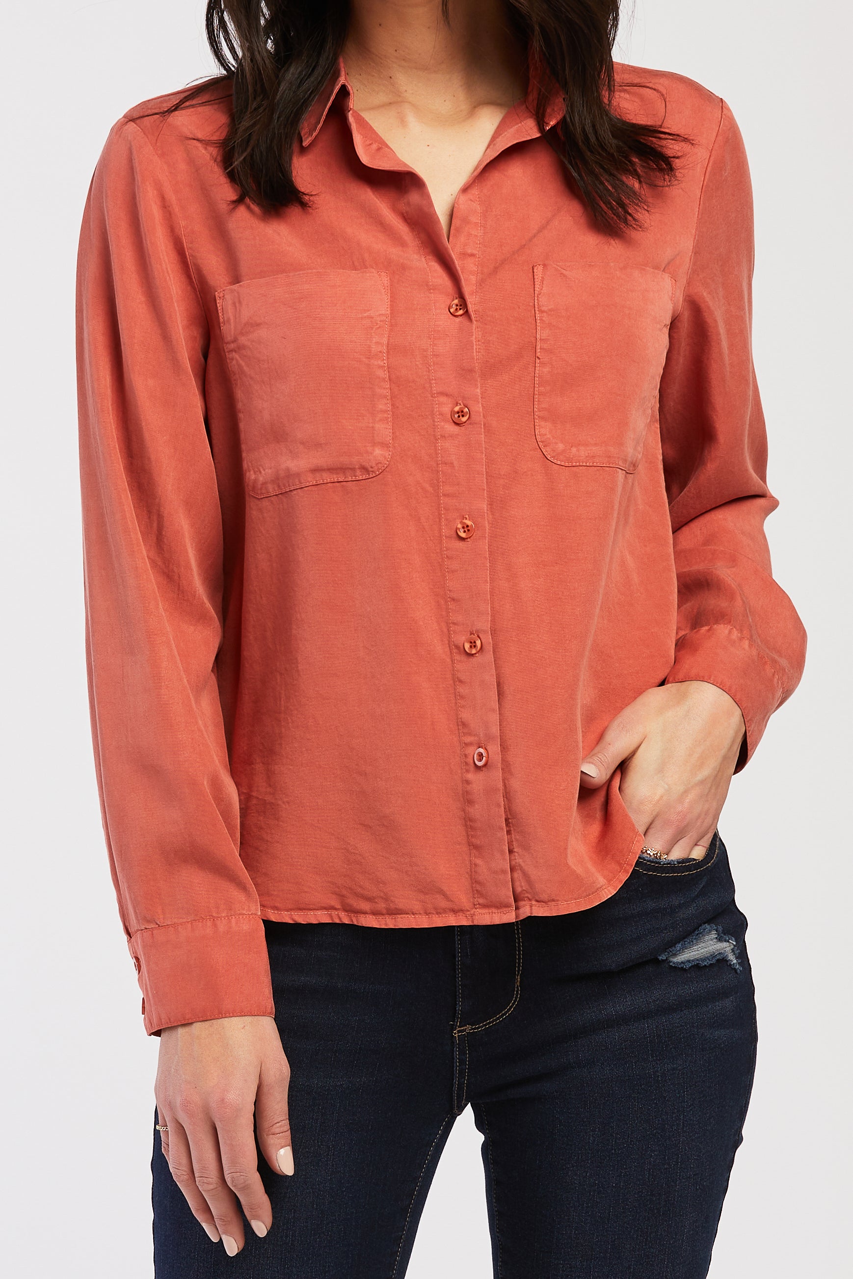 Greer Color Velvet Heart Long Sleeve Button Down Shirt Front Chest Patch Pockets ...
