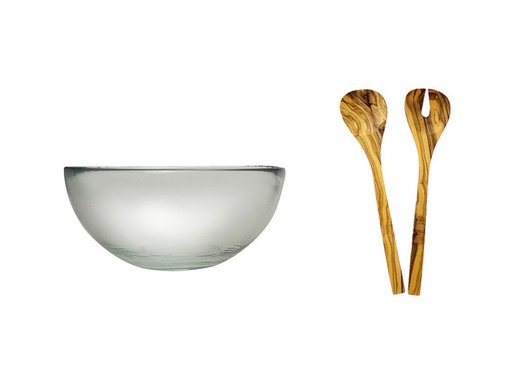 Recycled Glass Urban Salad Bowl & Olive Wood Servers