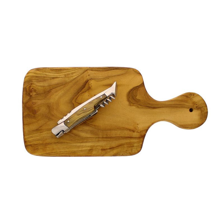 Olive Wood Cutting Board & Laguiole Pocket Knife Corkscrew