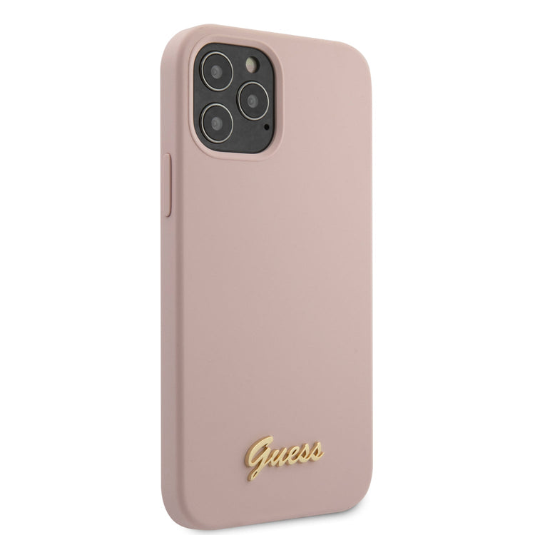 iPhone 12 Pro Max - Silicone Pink Metal Logo Script - Guess