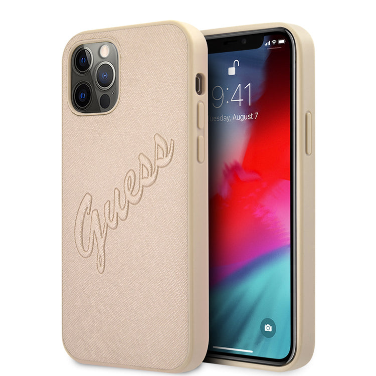 iPhone 12 / 12 Pro - PU Leather Gold Saffiano Vintage Script - Guess