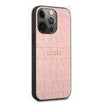 iPhone 13 Pro - Leather Case Pink Croco Design Hot Stamped Lines And Metal Logo - GUESS