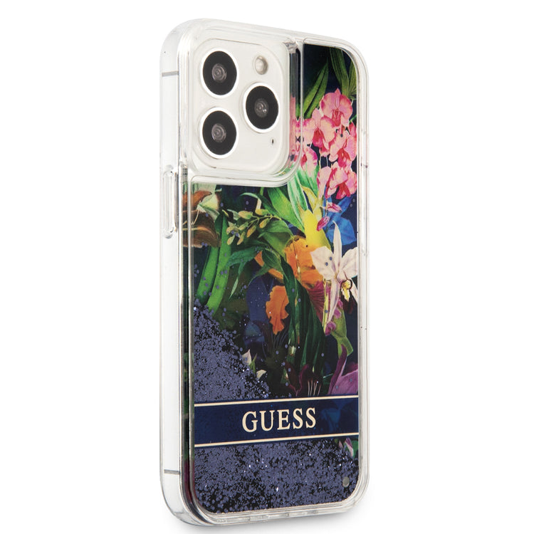 iPhone 13 Pro Max - Hard Case Blue Liquid Glitter Flower Design - Guess