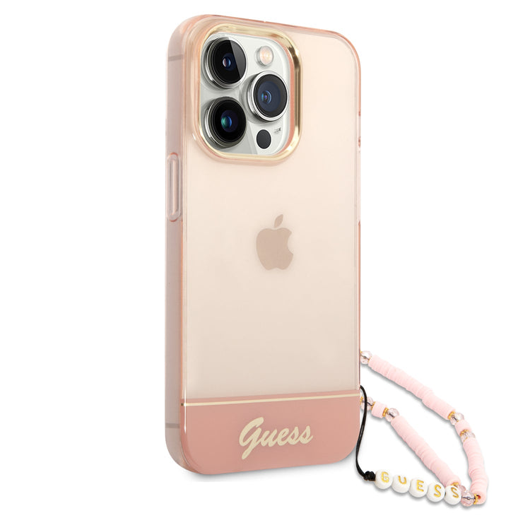 iPhone 14 Pro Max - PC/TPU Pink Iml Case Double Layer Electroplated Camera Outline Translucent With Strap - Guess