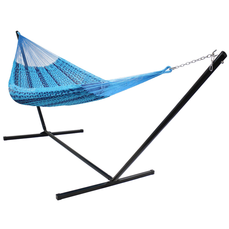 XXL Thick Cord Family Size Hand-Woven Portable Mayan Hammock with Steel Stand - 400 lb Weight Capacity/15' Stand - Blue
