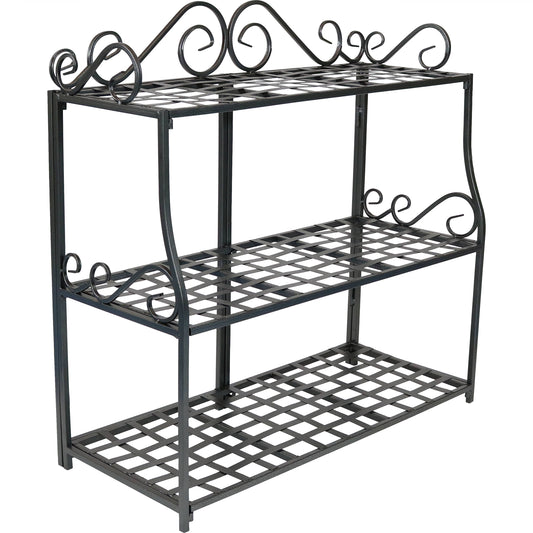 Indoor/Iron Metal 3-Tiered Potted Flower Plant Stand with Scrolled Back Design - 30" - Black