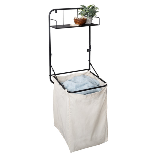 Collapsible Wall-Mounted Clothes Hamper with Canvas Bag and Laundry Shelf