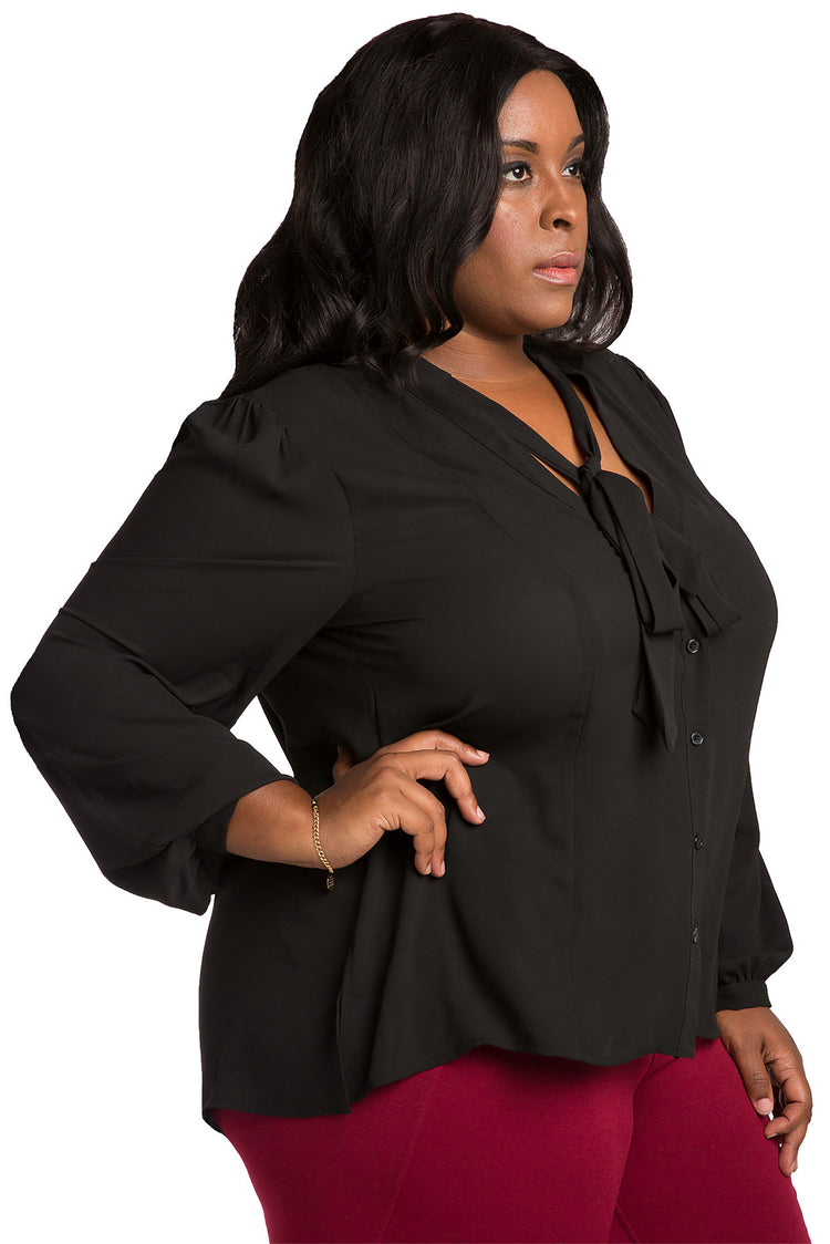Plus Size Tasha Chiffon Button-Up Neck-Tie Blouse