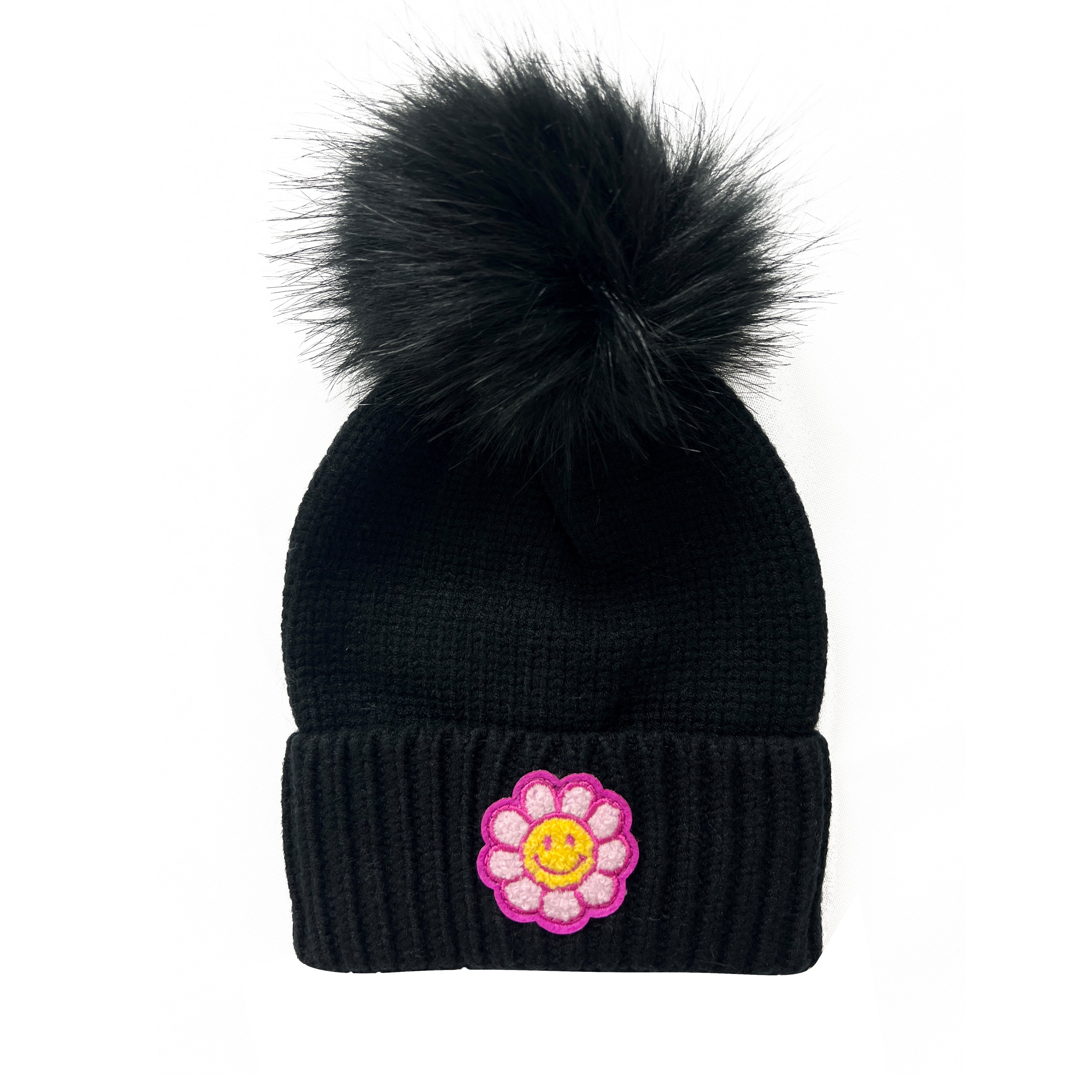  Smiley Flower Terry Patch Beanie - Black - Bonton