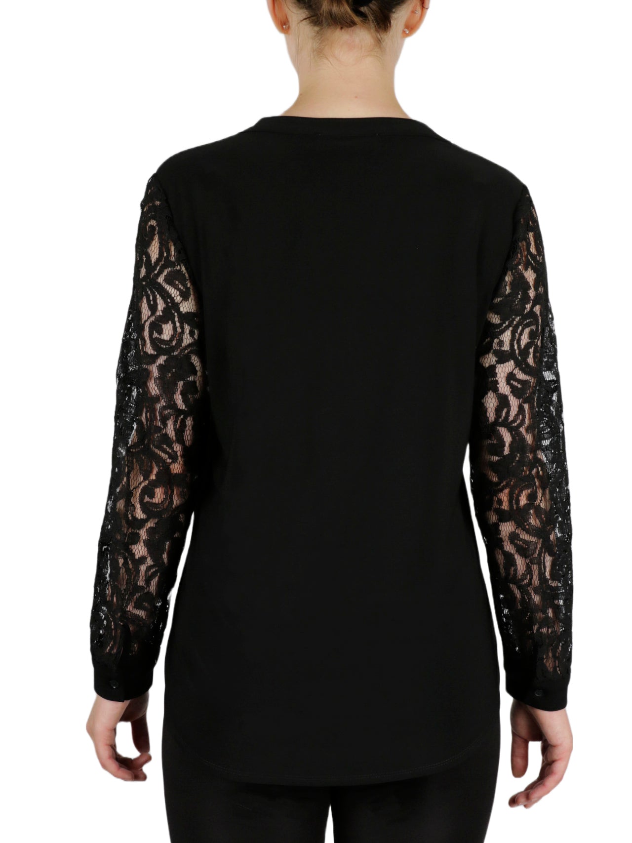  Kasper Split Neck Top W/Combo Lace Sleeve - Black - Bonton